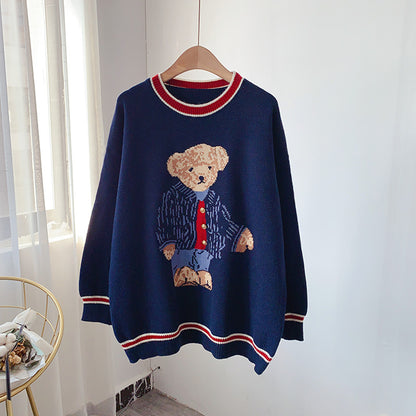 Pullover im College-Stil mit niedlichem Cartoon-Bär und Rundhalsausschnitt 4935