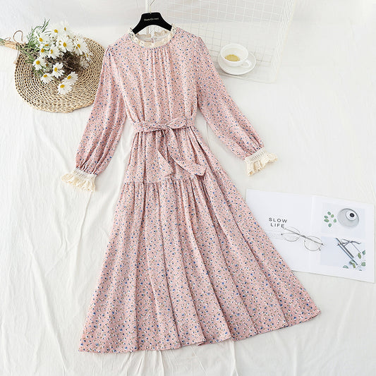Französisches Retro-Blumenkleid, schmaler Chiffon, langer Rock 4829