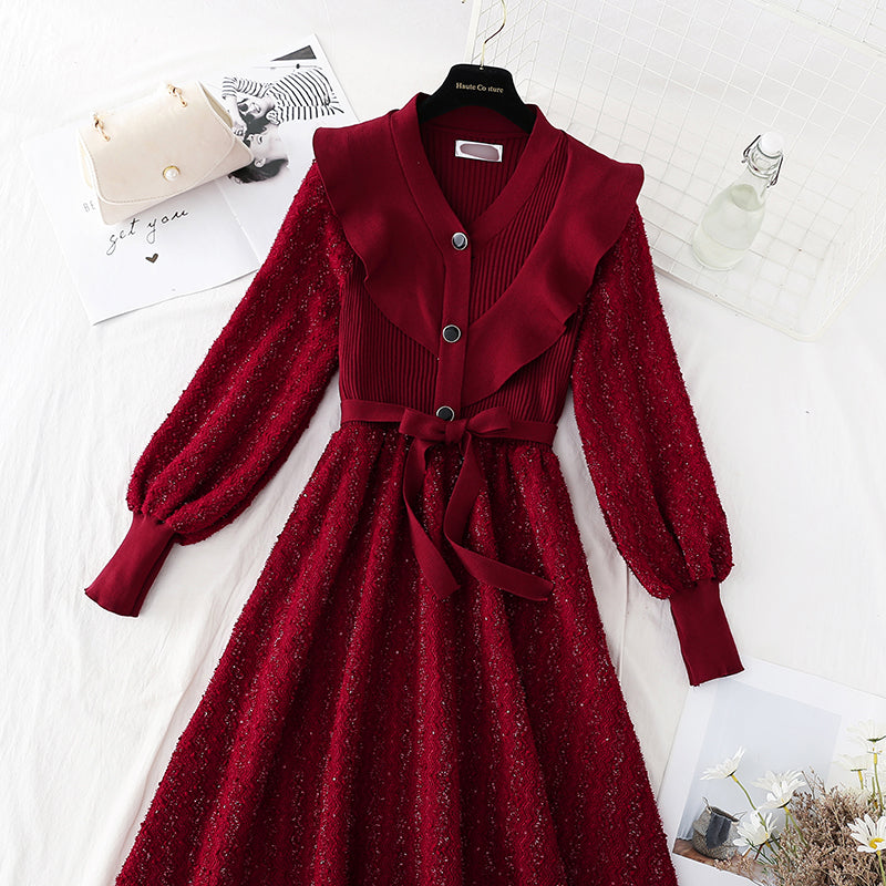 Thin wood ear lace up red dress female  4093