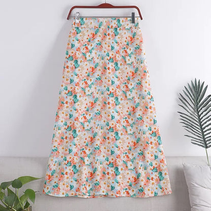 Neuer Stil, A-Linien-Rock mit kleinem Daisy-Chiffon-Print, voller Rock mit hoher Taille, mittellanger Rock 3560