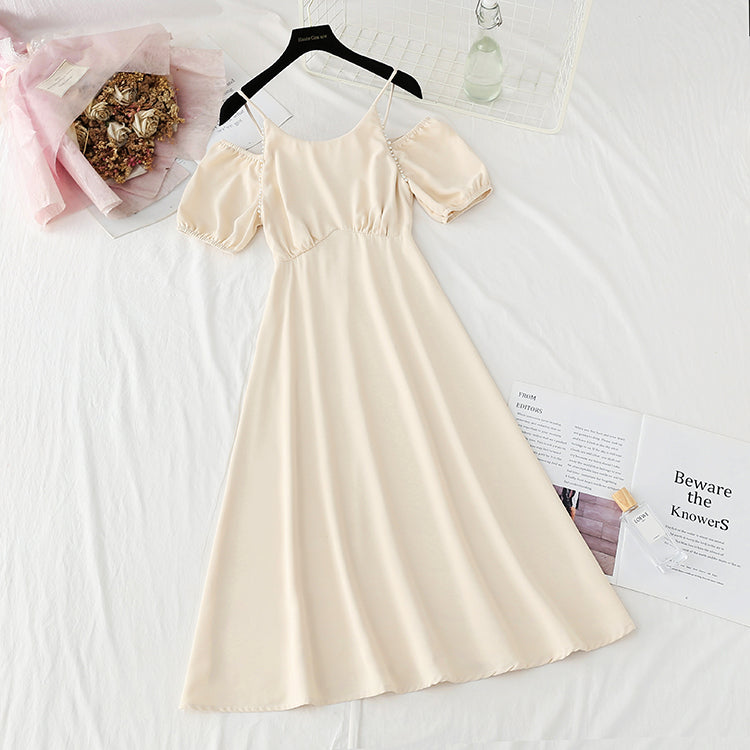 New French pearl off shoulder sling small skirt Bubble Sleeve Chiffon Skirt  4870