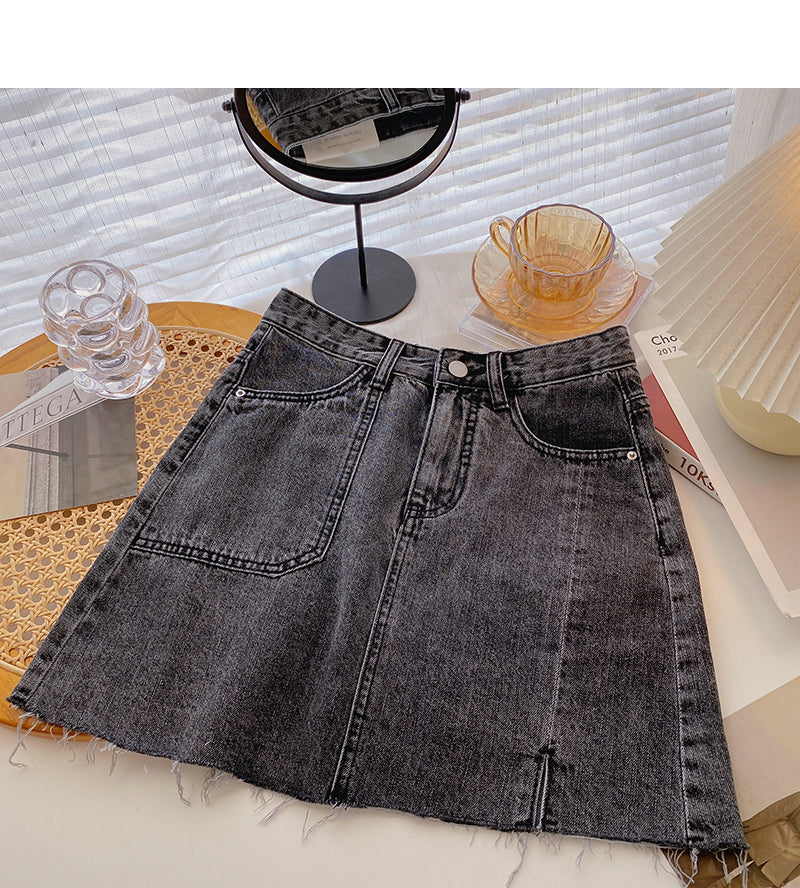 Denim skirt solid split high waist A-line skirt  5358