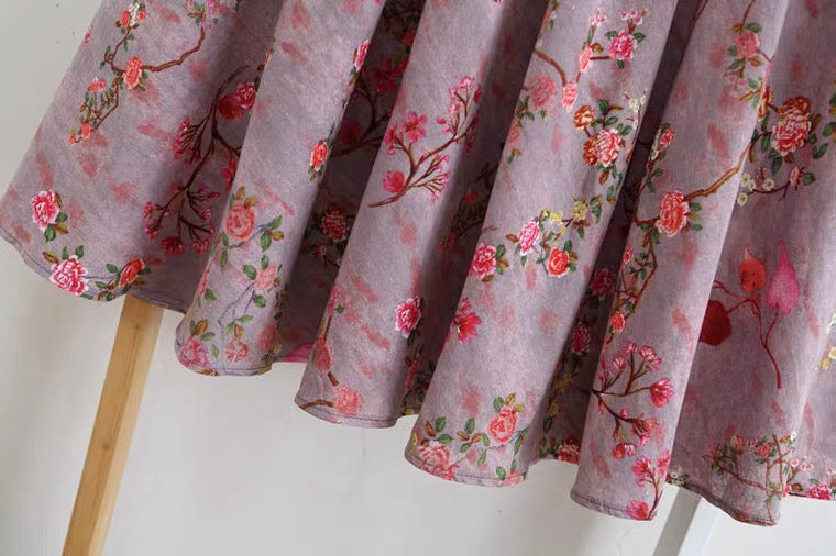 Flower skirt, cotton and linen midi skirt with pocket, purple A-line skirt  3573