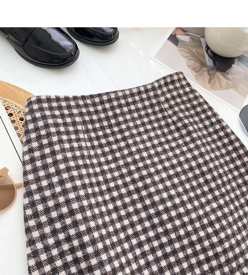 High waist Plaid tweed Hip Wrap Skirt shows thin A-line skirt  5515