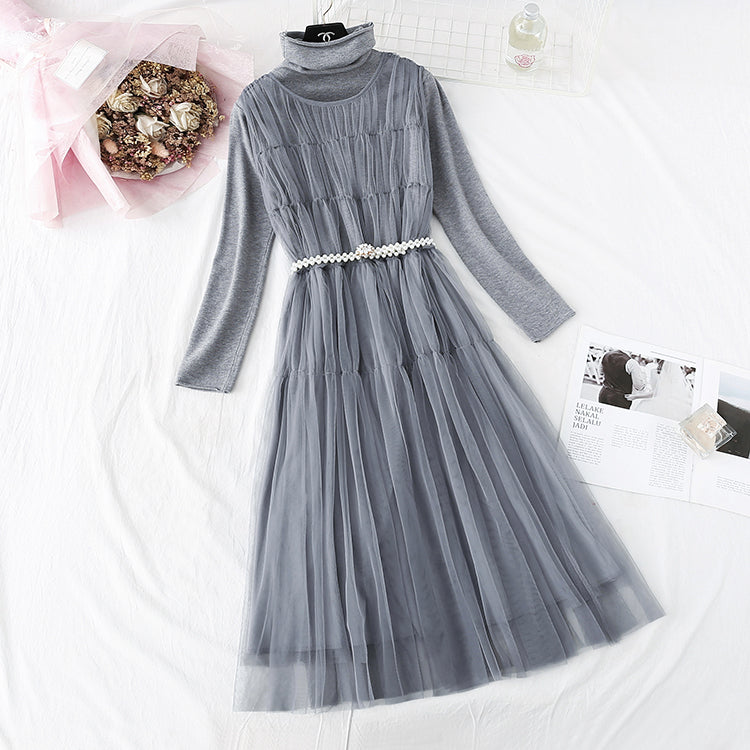 Mesh vest skirt + high neck bottomed shirt two-piece set  4578