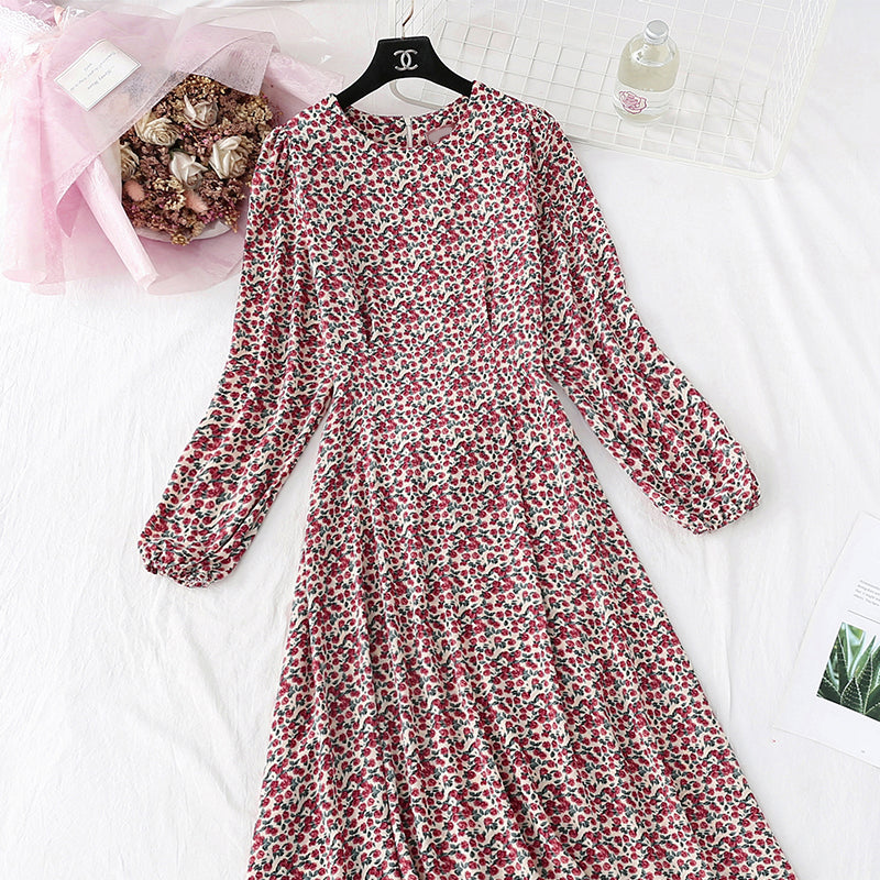 Jupe longue à taille fine style rétro français super fée à fond fleuri cassé 4007