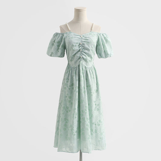 French off shoulder suspender cotton linen dress  4293