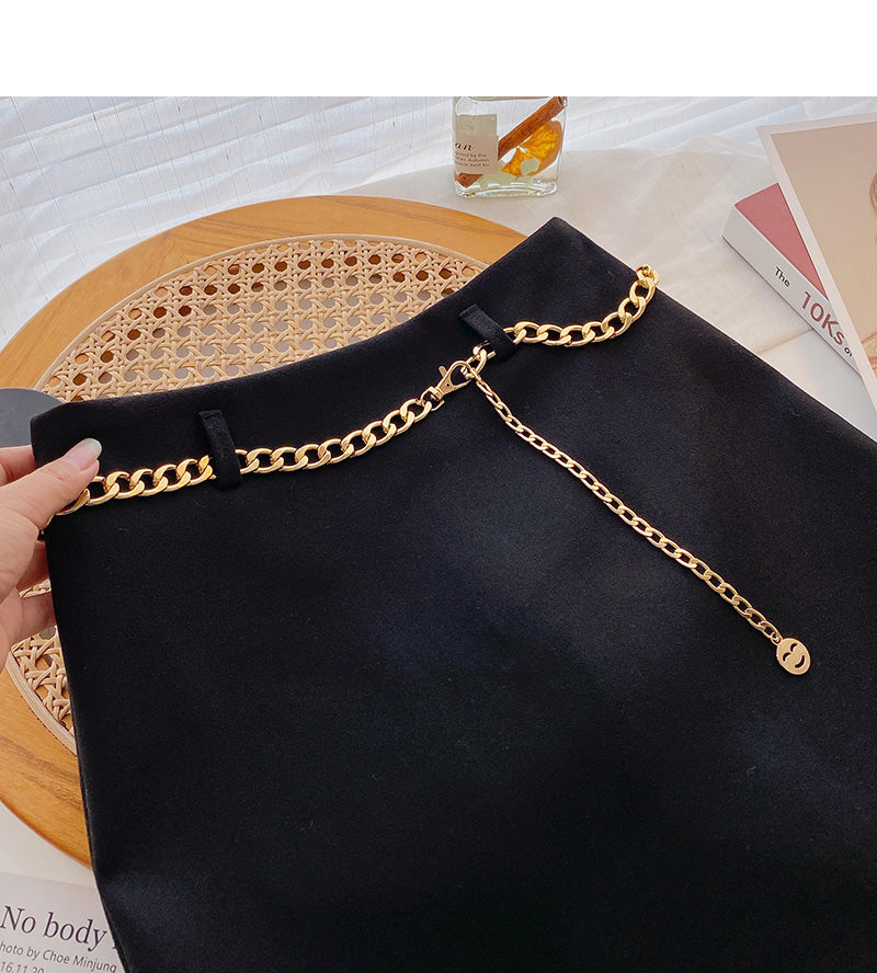 Fashion simple temperament solid color high waist skirt with chain  5469