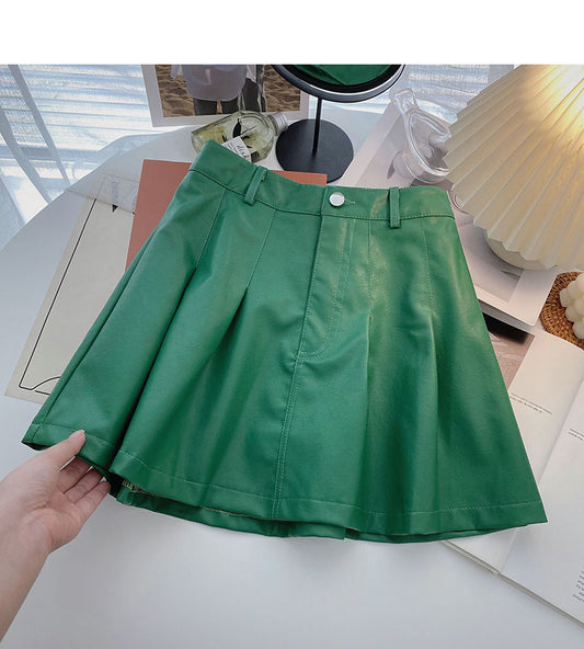 Korean slim fashion age reducing high waist pleated leather skirt  5461