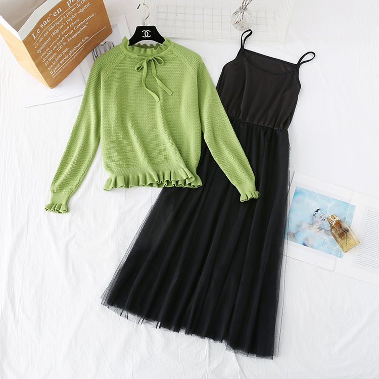 Ruffle knit dress suspender mesh skirt  4360