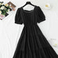 French square neck cotton linen dress  4275