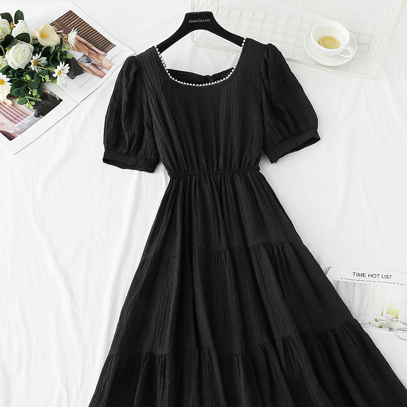 French square neck cotton linen dress  4275