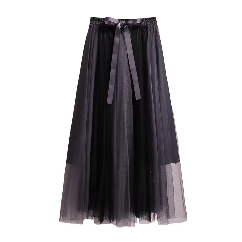patchwork belt large drape feeling gauze skirt  3684