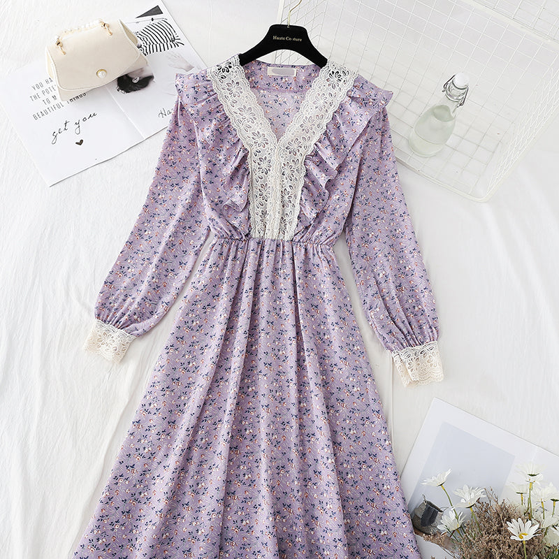 Lace stitched chiffon skirt shows thin elastic waist temperament  4080