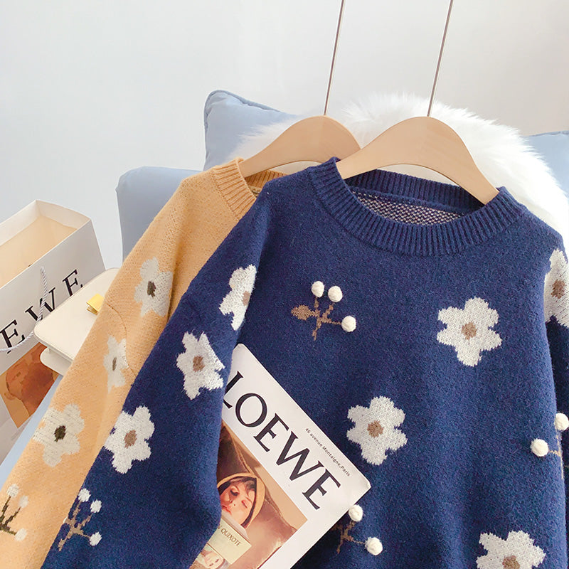 Vintage-Blumen-Pullover Rundhals-Jacquard-Pullover 5207