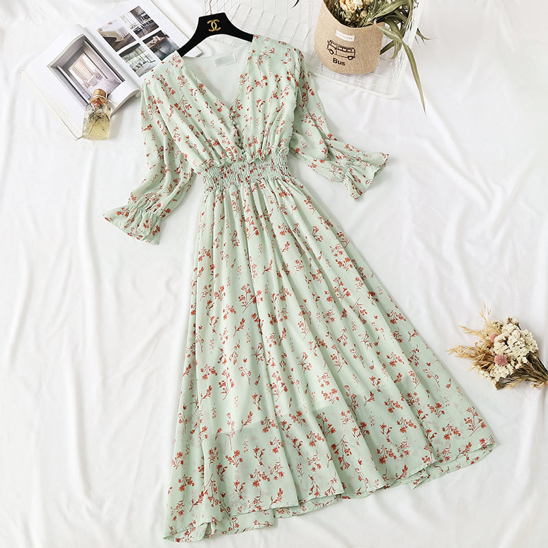 Chiffon-Kleid mit Blumenmuster, französische Minderheit, Retro-Rock, schmale Taille 4475
