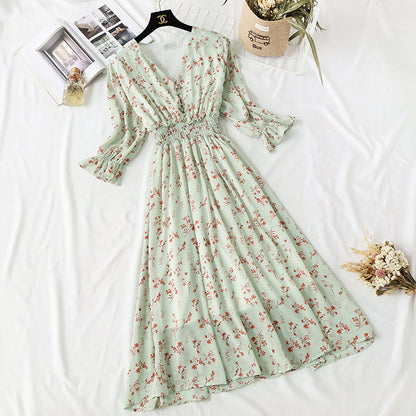 Chiffon-Kleid mit Blumenmuster, französische Minderheit, Retro-Rock, schmale Taille 4475