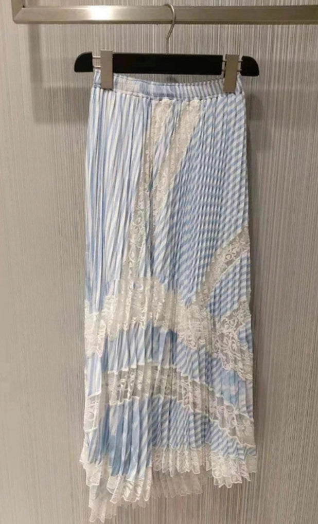 Spring and summer, new style, high waist color patchwork stripes pleated skirt, lace embroidery patchwork long skirt  3640