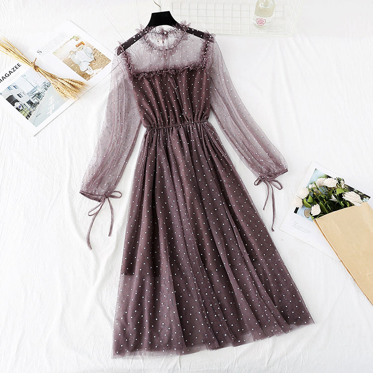Sanftes Windnetzkleid Französisches Retro-Interieur mit unterem Rock 4004