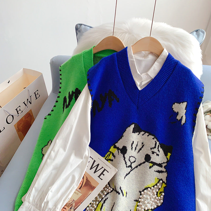 Heavy industry nail bead V-neck knitted vest vest coat  5255