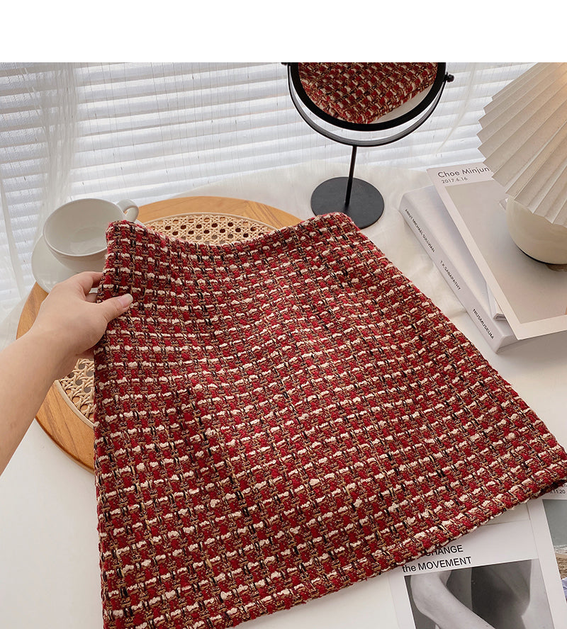 Vintage Plaid tweed skirt temperament high waist A-line skirt  5274