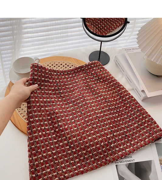 Vintage Plaid tweed skirt temperament high waist A-line skirt  5274