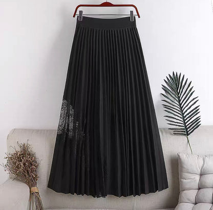 New style, high waist, large swing, elastic waist, pleated spliced lace mid-length skirt  3624