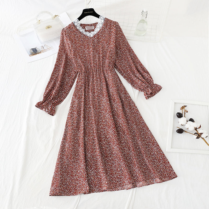 Koreanisch geschnittenes Blumenkleid mit Taillenschnürung sieht dünn aus und Rock mit Boden 4840