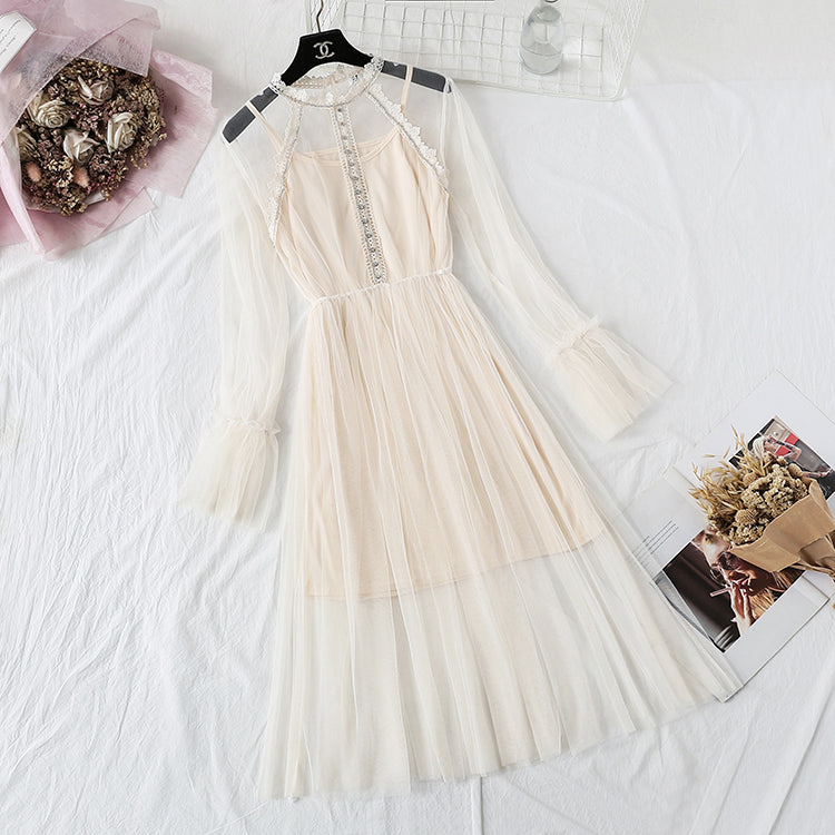 Heavy industry Rhinestone lace gauze dress  4356