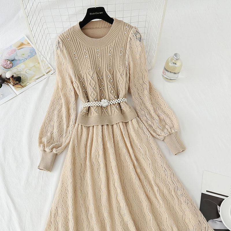 Strickkleid Damen Super Fee Spitze Plüsch genähtes Wollkleid 4439