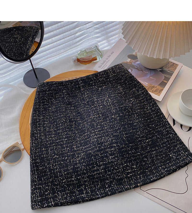 New Korean French retro gold tweed A-shaped high waist skirt  5294