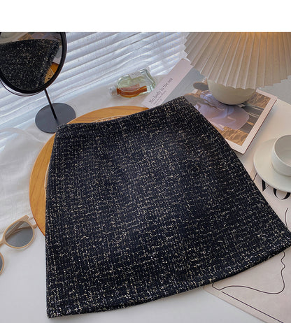 New Korean French retro gold tweed A-shaped high waist skirt  5294