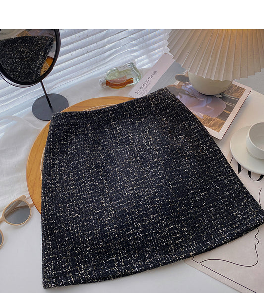 New Korean French retro gold tweed A-shaped high waist skirt  5294