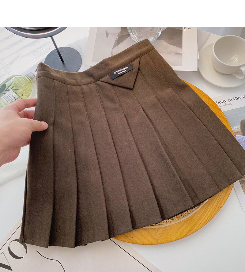 Pleated retro college style skirt casual high waist A-line skirt  5313