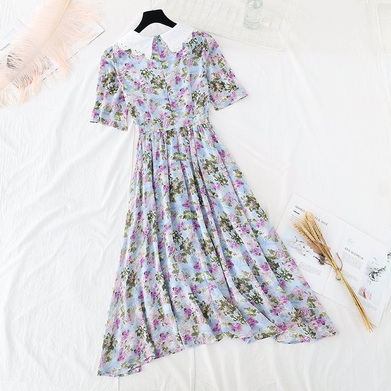 Irregular cross neck long cut-out waist closing thin Chiffon Dress  4687