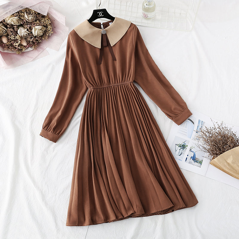 New sweet doll neck French retro pleat with a long skirt at the bottom  3908