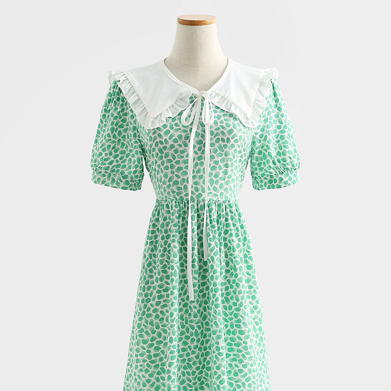 Französisches Retro-Puppenhals-Baumwoll-Leinen-Blumenkleid 4290