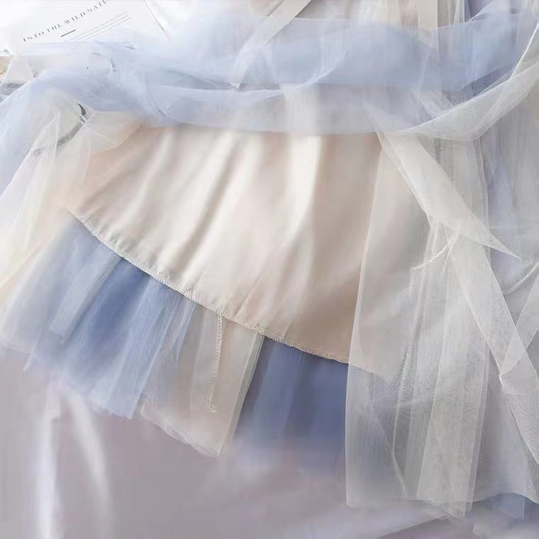 Super fairy, bow tie, high waist slim mesh bouffant skirt, color matching medium length skirt  3601