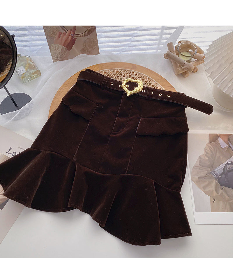Jupe queue de poisson taille haute en velours doré pour femme 5384
