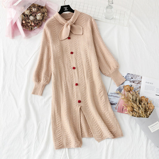 Rotes Netzstrickkleid Französischer Retro-Kniepulloverrock 4730
