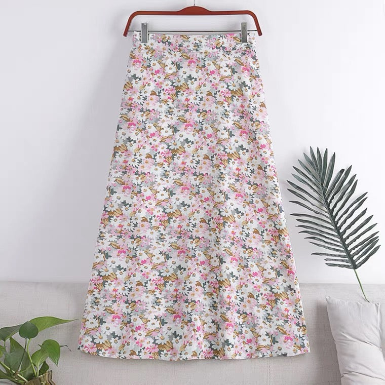 Neuer Stil, A-Linien-Rock mit kleinem Daisy-Chiffon-Print, voller Rock mit hoher Taille, mittellanger Rock 3560