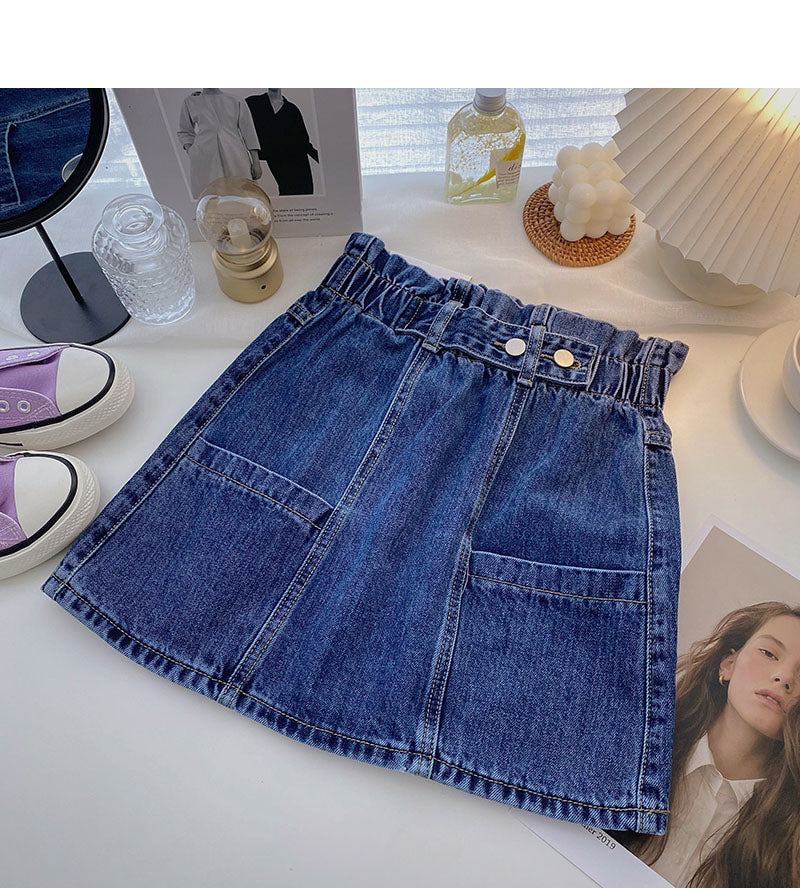 Versatile slim elastic waist denim Vintage A-line skirt  5340