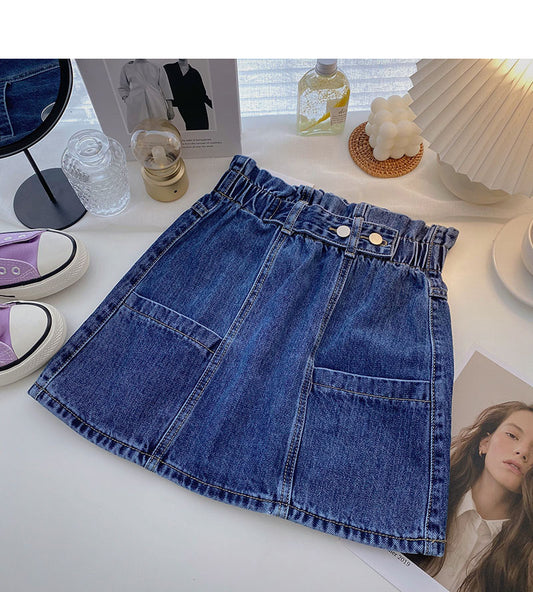 Versatile slim elastic waist denim Vintage A-line skirt  5340