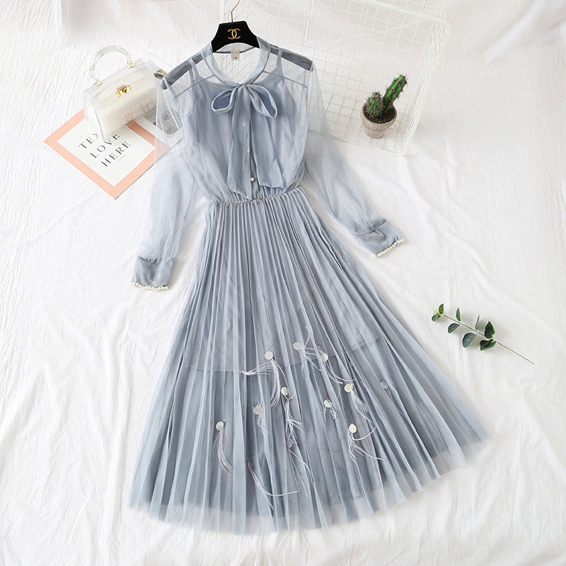 Gauze dress feather nail bead long sleeve sling  4311