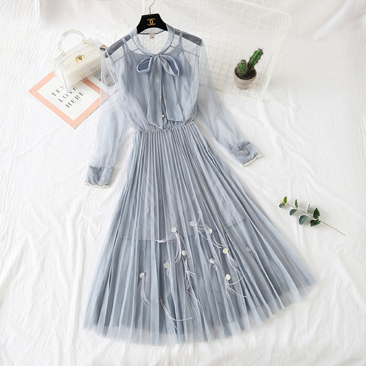 Gauze dress feather nail bead long sleeve sling  4311