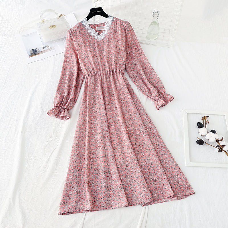 Koreanisch geschnittenes Blumenkleid mit Taillenschnürung sieht dünn aus und Rock mit Boden 4840