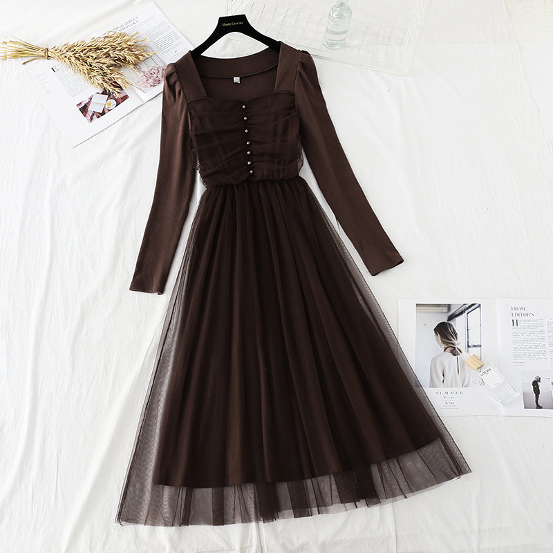 Square neck slim French retro light cooked wind bottomed skirt  4558
