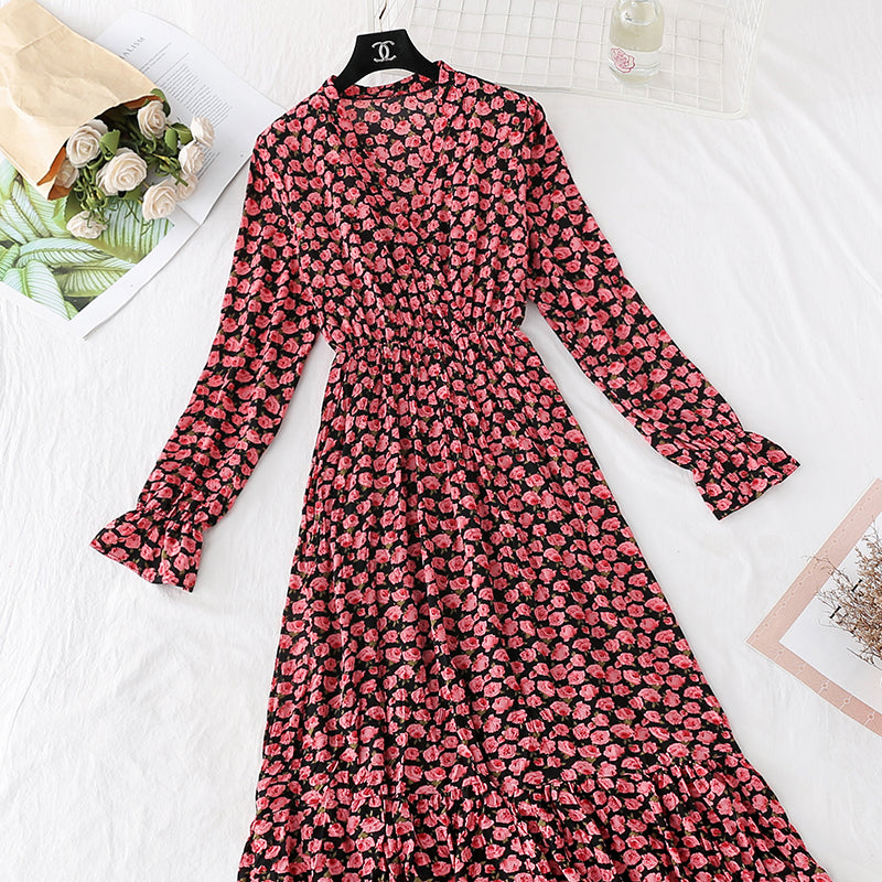 Retro broken flower pleated Korean version waist fairy long skirt  3814