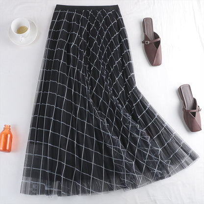 New early spring style, mesh skirt, plaid print pleated skirt  3709