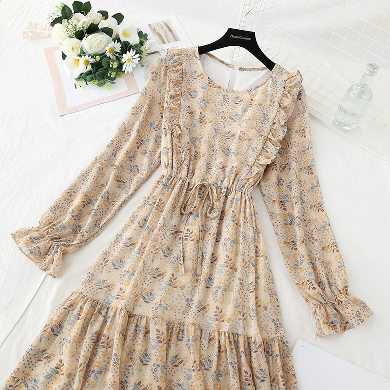 Chiffon waistband slim round neck fungus super xiansen floral skirt  3932
